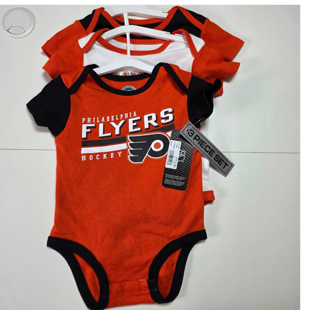 NHL Philadelphia Flyers Infant 3 Piece Bodysuit Set Orange White Black 3/6M NEW